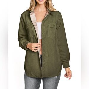 LOVE TREE Reversible Corduroy Plaid Flannel Shacket Overshirt Olive Cream Size M